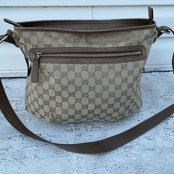 Gucci Women Hand Bag Brown GG Web Signature Canvas Shoulder Bag Italy Read Desc